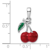 De-Ani Sterling Silver Rhodium-Plated Polished 3D Enameled Cherries Pendant