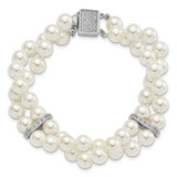 Majestik Sterling Silver Rhodium-plated 7-8mm White Imitation Shell Pearl and CZ Hand-knotted Bracelet