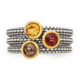 Shey Couture Sterling Silver Gold-tone Flash Gold-plated Antiqued Round Bezel .30Garnet/.20Citrine/.20Smoky Quartz 3 Stackable Rings - QT-96449AFD-4243
