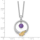 Shey Couture Sterling Silver Rhodium-plated Twisted Circle with 14k Leaf Accent Round Amethyst Dangle 18 inch with 2 inch Extension Necklace