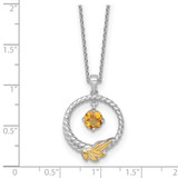 Shey Couture Sterling Silver Rhodium-plated Twisted Circle with 14k Leaf Accent Round Citrine Dangle 18 inch with 2 inch Extension Necklace
