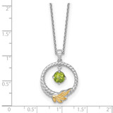 Shey Couture Sterling Silver Rhodium-plated Twisted Circle with 14k Leaf Accent Round Peridot Dangle 18 inch with 2 inch Extension Necklace