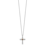 Shey Couture Sterling Silver Rhodium-plated with 14k Accent Round Garnet Textured Cross 18 inch with 2 inch Extension Necklace
