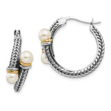 Shey Couture Sterling Silver with 14K Accent Antiqued 4mm Freshwater Cultured Pearl Hoop Earrings