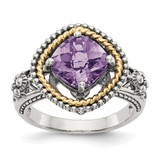 Shey Couture Sterling Silver with 14K Accent Antiqued Checkerboard-cut Cushon Amethyst Ring - QT-376AF133-8361