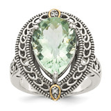 Shey Couture Sterling Silver with 14K Accent Antiqued Diamond and Pear Shaped Green Quartz Ring - QT-D7073ADA-1070