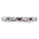 SS Rhodium-plated .14Lab Cr. Ruby and .27Cr. Wh Sapphire Heart Ring - QR-E62FE842-5964