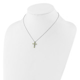 SS RH-plated Green CZ August Birthstone Cross w/2in ext Necklace