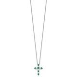 SS RH-plated Green CZ May Birthstone Cross w/2in ext Necklace