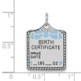 SS Rh-plt Blue Birth Certificate Polished Front/Satin Back Charm