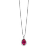 Sterling Silver 18in Rhodium Plated Polished Clear CZ and Lab Created Ruby Pear Shaped Necklace