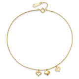 14k 3 Heart Dangles 9 inch Anklet Plus 1 inch Extender