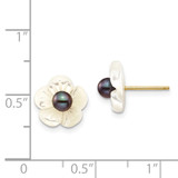 14k 3-4mm Black Round Freshwater Cultured Pearl and 10 mm White Mother of Pearl Flower Post Earrings