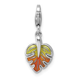 Sterling Silver Amore La Vita Rhodium-plated 3D Green and Orange Enameled with CZ Leaf Charm with Lobster Clasp