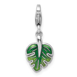 Sterling Silver Amore La Vita Rhodium-plated 3D Green Enameled with CZ Leaf Charm with Lobster Clasp