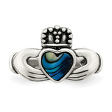 Sterling Silver Antiqued Abalone Inlay and Black Enamel Claddagh Ring - QR-7DE363C1-5367