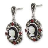 Sterling Silver Antiqued Marcasite and Garnet with Black Agate and Mother of Pearl Cameo Dangle Post Earrings