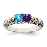 Sterling Silver Antiqued w/14k 2-stone w/Diamond Mother's Ring Semi-Mount - QM-14F125BC-2387