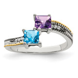 Sterling Silver Antiqued w/14k 2-stone w/Diamond Mother's Semi-Mount Ring - QM-04432243-4550