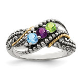 Sterling Silver Antiqued w/14k 3-stone w/Diamond Mother's Ring Semi-Mount - QM-18C593AC-2617