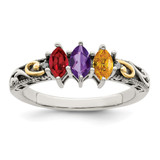 Sterling Silver Antiqued w/14k 3-stone w/Diamond Mother's Ring Semi-Mount - QM-48A14EB8-2785