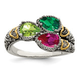 Sterling Silver Antiqued w/14k 3-stone w/Diamond Mother's Ring Semi-Mount - QM-52DB00A3-5288