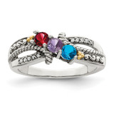 Sterling Silver Antiqued w/14k 3-stone w/Diamond Mother's Ring Semi-Mount - QM-B49DFC1D-1094