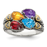 Sterling Silver Antiqued w/14k 4-stone w/Diamond Mother's Ring Semi-Mount - QM-552259BF-7001