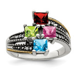 Sterling Silver Antiqued w/14k 4-stone w/Diamond Mother's Semi-Mount Ring - QM-64D4515D-6384