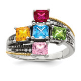 Sterling Silver Antiqued w/14k 5-stone w/Diamond Mother's Semi-Mount Ring - QM-D25F0770-7030