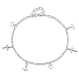 Sterling Silver Cross Heart and Anchor 9in Plus 1in ext Anklet