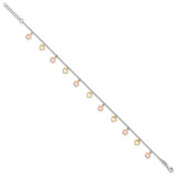 Sterling Silver Gold and Rose-tone Heart Flower 9in Plus 1in ext. Anklet