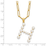 Sterling Silver Gold-plated 3-5.5mm White Button Freshwater Cultured Pearl LETTER H 18 inch Necklace