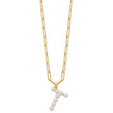 Sterling Silver Gold-plated 3-5.5mm White Button Freshwater Cultured Pearl LETTER T 18 inch Necklace