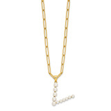 Sterling Silver Gold-plated 3-5.5mm White Button Freshwater Cultured Pearl LETTER V 18 inch Necklace