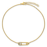 Sterling Silver Gold-tone Polished CZ Safety Pin 9 Inch Plus 1 Inch Extension Anklet
