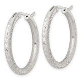 Sterling Silver Laser and Diamond-cut 30x3.25mm Hidden Catch Round Hoop Earrings