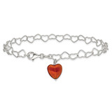 Sterling Silver Link Orange Synthetic Crystal Stone Heart Anklet
