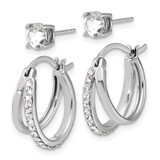 Sterling Silver Platinum Flash-plated Polished White Crystal Post and Hoop Earring Set