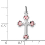 Sterling Silver Platinum-plated Pink Enameled Budded Cross Charm