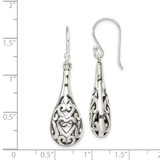 Sterling Silver Polished & Antiqued Filigree Heart Teardrop Dangle Earrings
