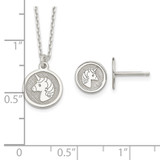 Sterling Silver Polished & Textured Unicorn Children's 14in Necklace and Post Earrings Set