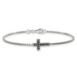 Sterling Silver Polished and Antiqued Black CZ Cross 7.5 inch Bracelet