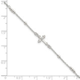 Sterling Silver Polished and Beaded White CZ Budded Cross 7 inch with 1 inch Extension Bracelet