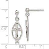 Sterling Silver Polished Antiqued & Textured Ichthus & Cross Post Dangle Earrings