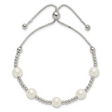 Sterling Silver Polished Beaded and Synthetic Pearl Adjustable Bracelet