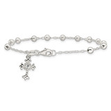Sterling Silver Polished Beaded with White CZ Fleur de Lis Cross Charm 7.5 inch Bracelet