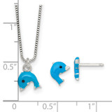 Sterling Silver Polished Blue and Black Enameled Dolphin Childrens 14 inch Necklace and Post Earrings Set