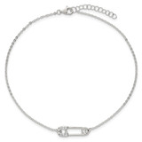 Sterling Silver Polished CZ Safety Pin 9 Inch Plus 1 Inch Extension Anklet