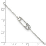 Sterling Silver Polished CZ Safety Pin 9 Inch Plus 1 Inch Extension Anklet